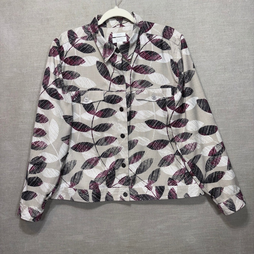 Christopher Banks Womens Leaf Print Button Shirt Jacket L Stretch Artsy‎ Nature